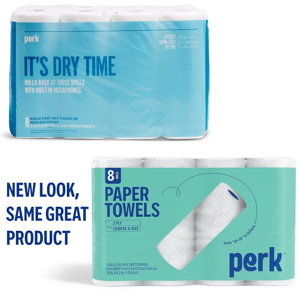 Perk Choose-A-Size Paper Towels - 2-Ply, 116 Sheets/Roll, 8 Rolls | Highly Absorbent White Kitchen Towels