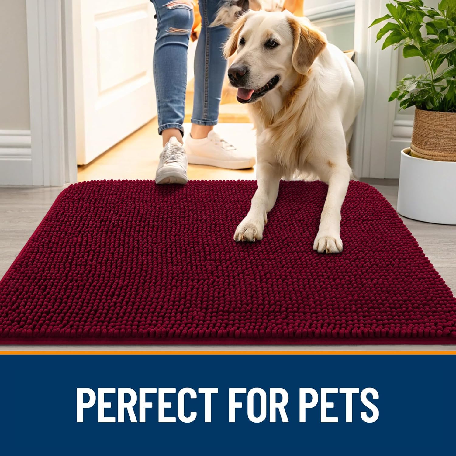 OLANLY Dog Door Mat - Absorbent Non-Slip Chenille for Muddy Paws | 32x20 Inches, Quick Dry, Burgundy