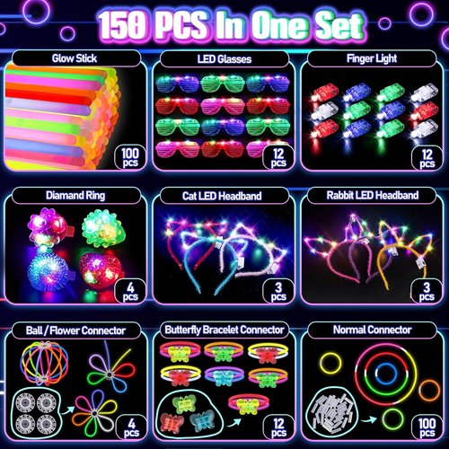 Glow in the Dark Party Supplies - 150PCS Set with Glasses, Headbands & Glow Sticks | Neon Fun for Kids & Adults