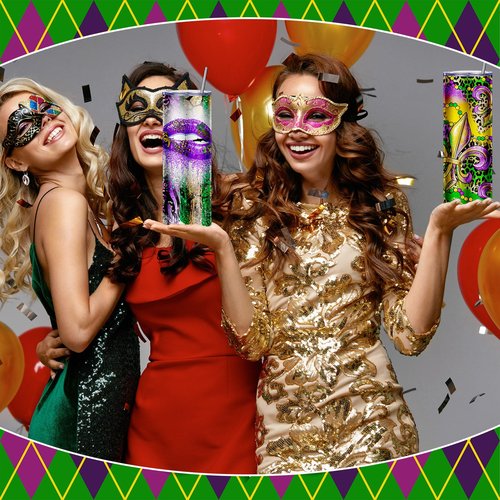 Suttmin 8 Pack 20oz Mardi Gras Tumblers Stainless Steel Tumblers with Lids and Straws, Cups Printed with Carnival Heroine, Iris, and Lips, Travel Mug Carnival Gifts for Women