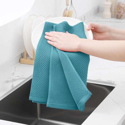 Homaxy Kitchen Dish Towels - Ultra Soft 100% Cotton Waffle Weave | Quick Drying, 13 x 28 Inches, 12-Pack, Lake Blue
