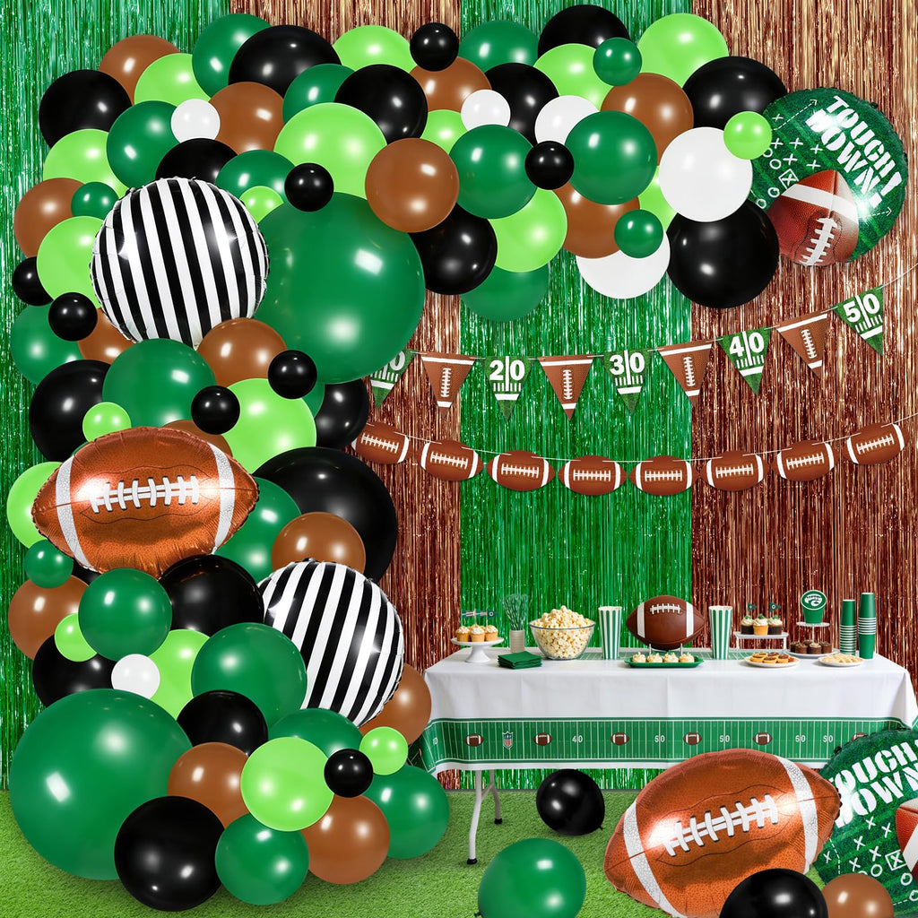 130 PCS Football Balloon Garland Arch Kit - Sage Green & Coffee Brown Balloons with Football Foil Balloon Foil Fringe Curtains for Touch Down Rugby Sport Theme Party Decorations