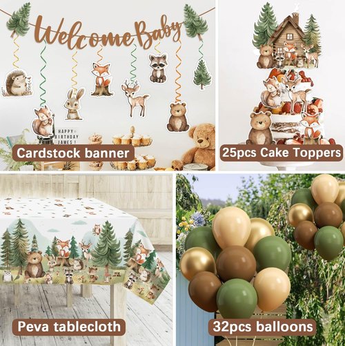 Woodland Baby Shower Decorations Plates Set,184Pcs Baby Boy Woodland Forest Animals Plates Napkins Cups Forks Tablecloth Balloons Banner Hanging Swirls Cupcake Toppers, 25 Guests