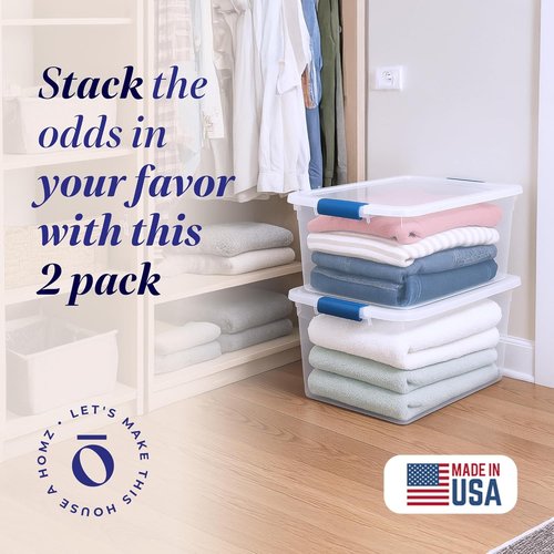 HOMZ Large Clear Plastic Storage Bins - 2-Pack 66 Quart Stackable Containers with Latching Lids