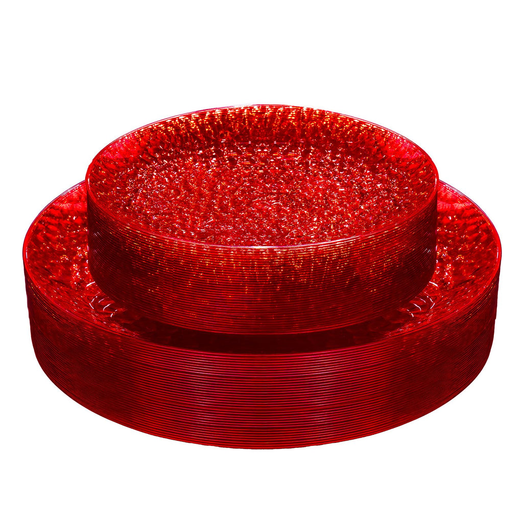 Rubtlamp 60Pcs Red Plastic Plates, Heavy Duty Clear Red Disposable Plates, Fancy Hammered Plastic plates Include 30 Dessert Platos, 30 Dinner Platos for Party Mother's Day