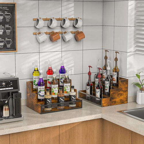2 Pack 3 Step Countertop Liquor Bottle Display Shelf, Wood Bar Shelves 12 Bottles with Fences, Freestanding Storage Shelves for Liquor Whiskey Wine Coffee Syrup Display, Retro Wine Rack Home