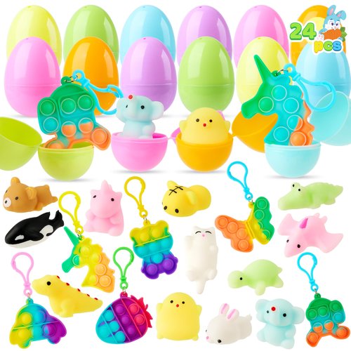 JOYIN 24 Pcs Prefilled Easter Eggs with Assorted Toys, Filled with Mochi and pop Bubble Keychains, Easter Stuffed Toys for Kids to Egg Hunt, Kids Basket Stuffers, Party Favor, Classroom Prize