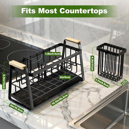 Housolution Kitchen Sink Caddy Organizer - 2-Tier Sponge Holder with Flexible Brush Slot & Rustproof Design