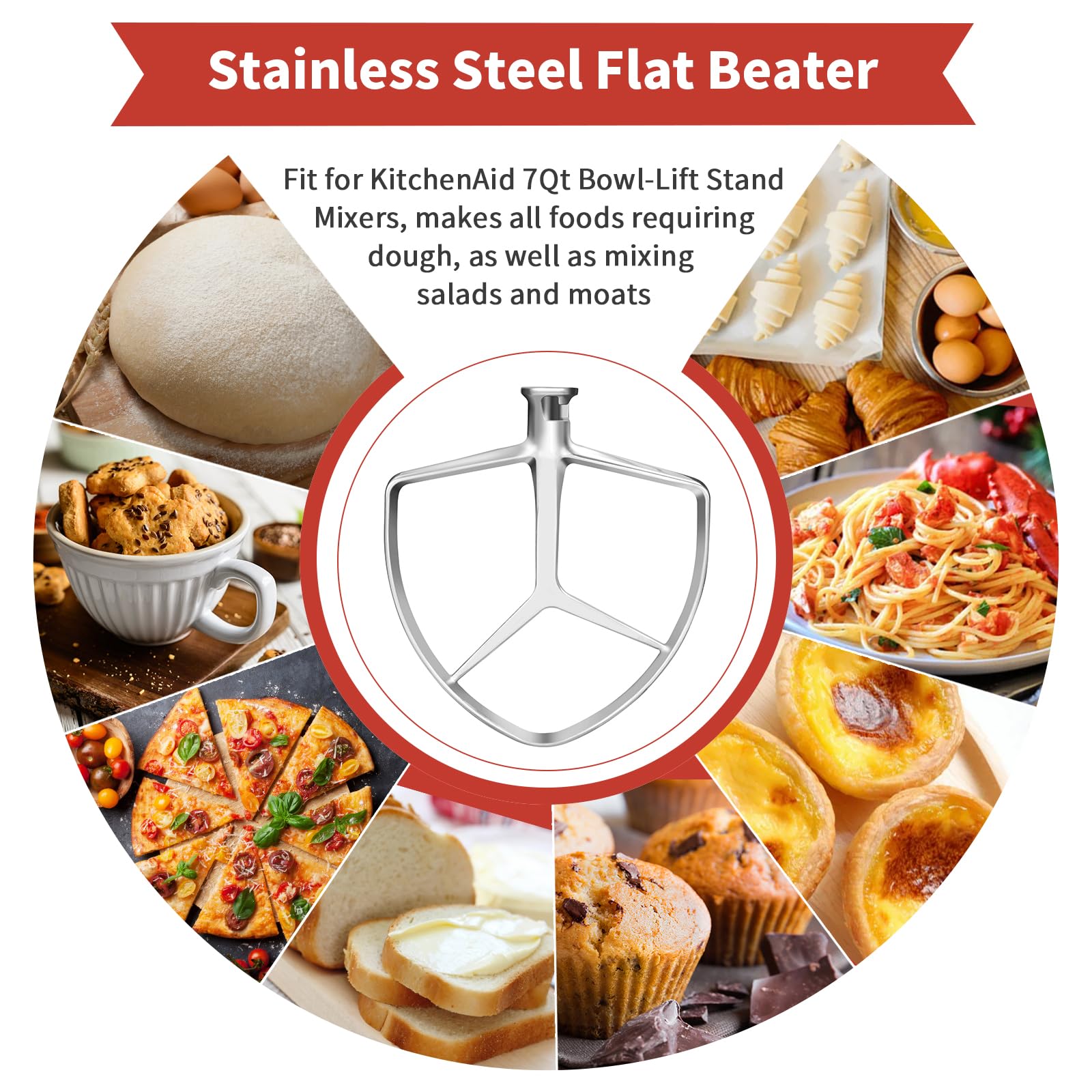 Stainless Steel Flat Beater for KitchenAid 7QT Bowl-Lift Stand Mixers, Food Grade Replacement Attachment, Dishwasher Safe