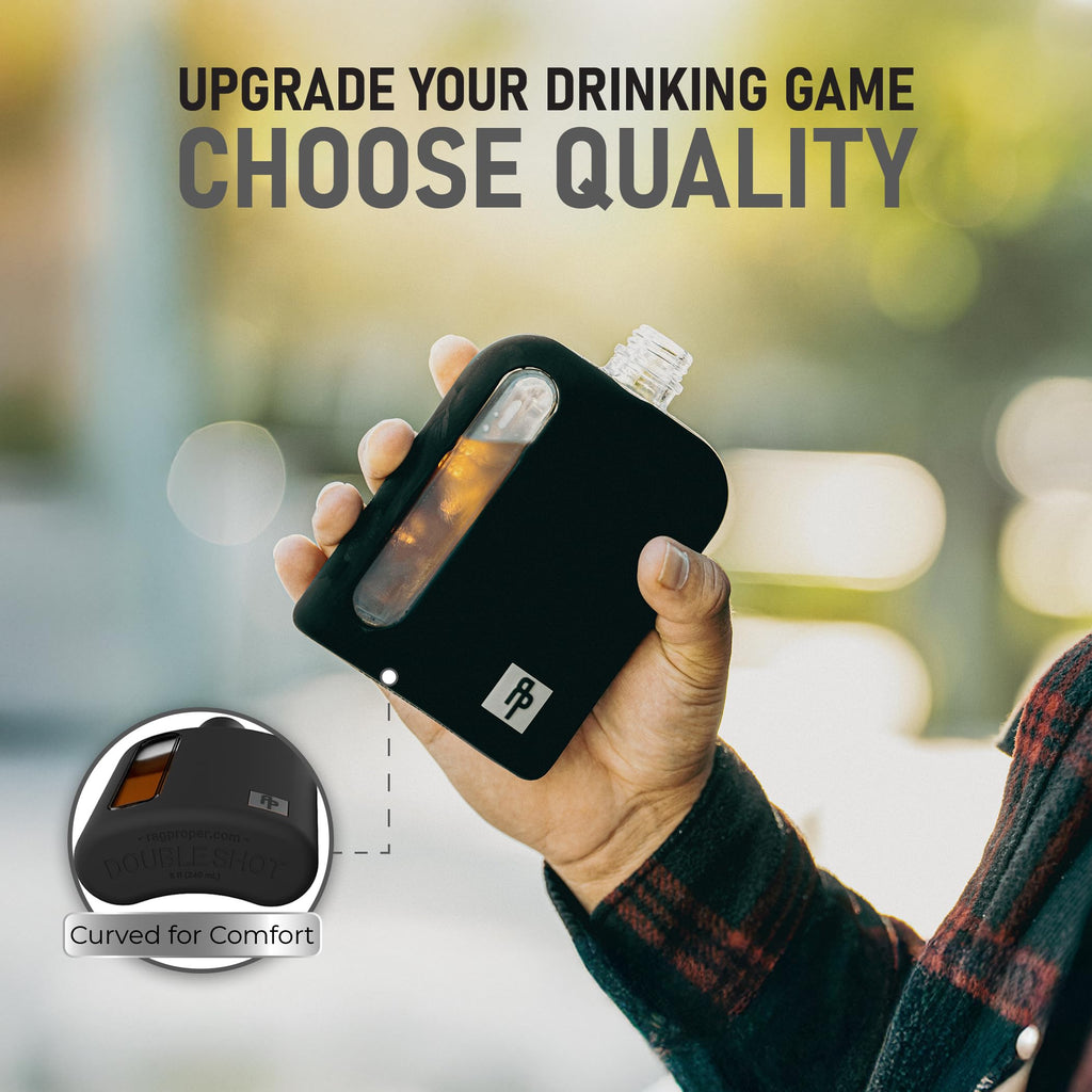 Ragproper Glass Hip Flask Set for Men – Modern Whiskey & Liquor Flasks with Cork & Silicone Lid Liner, Durable Silicone Cover, Firm Grip & Curved Edges – 100ml Single Shot and 240ml Double Shot, Black