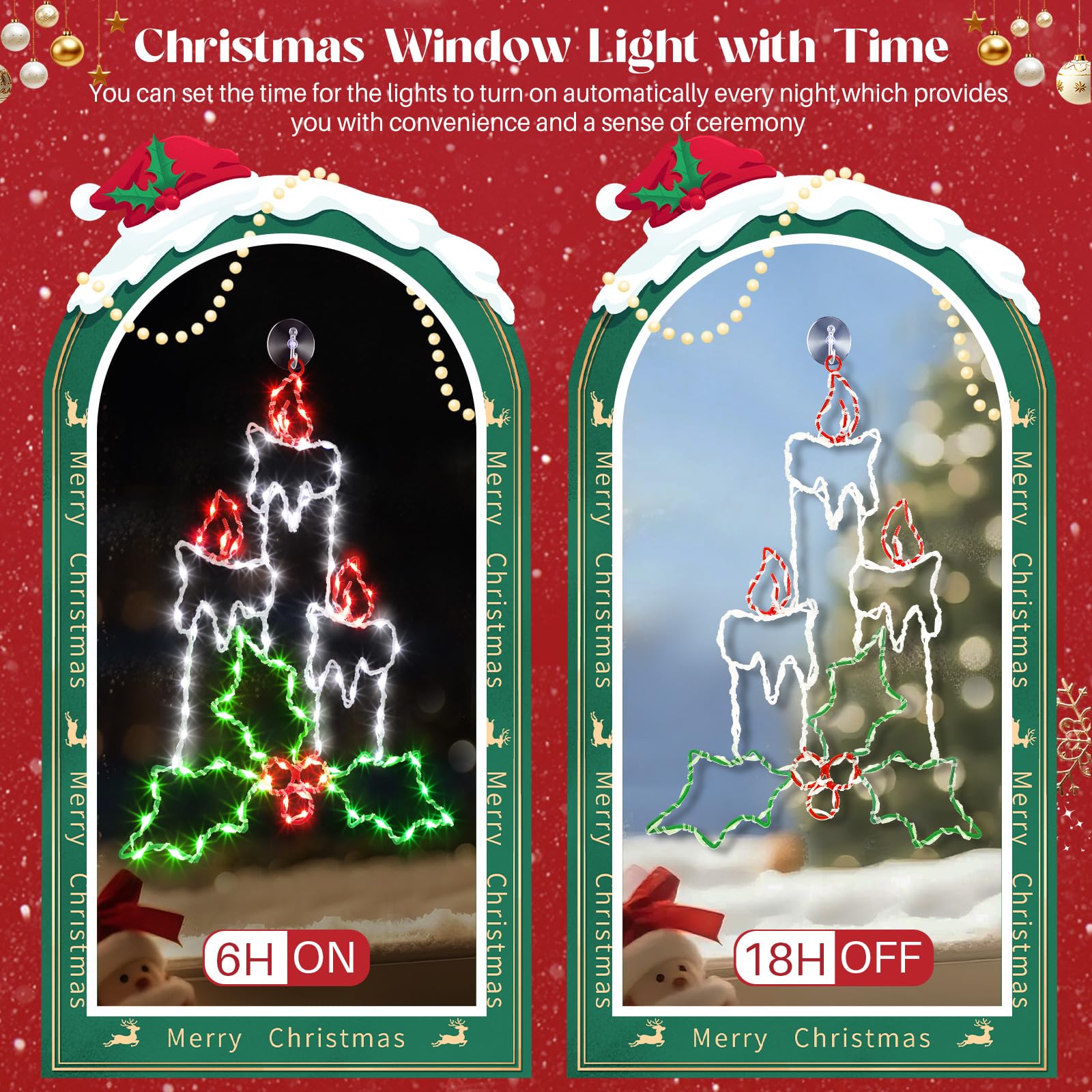 Enhon 15.8" Christmas Window Silhouette Light, Battery Operated Lighted Candles with Holly and Berry, 8 Modes Christmas Silhouette Light with Timer, for Xmas Holiday Indoor Outdoor Decor(1 Pack)