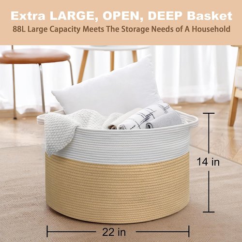 MEGASKET Extra Large Storage Basket, 22” x 22” x 14” Cotton Rope Bins for Storage, Wicker Baby Laundry Basket, Kids, Woven Kids Toy Bin Box, Decorative Baskets for Organizing Clothes, Towels, Blankets