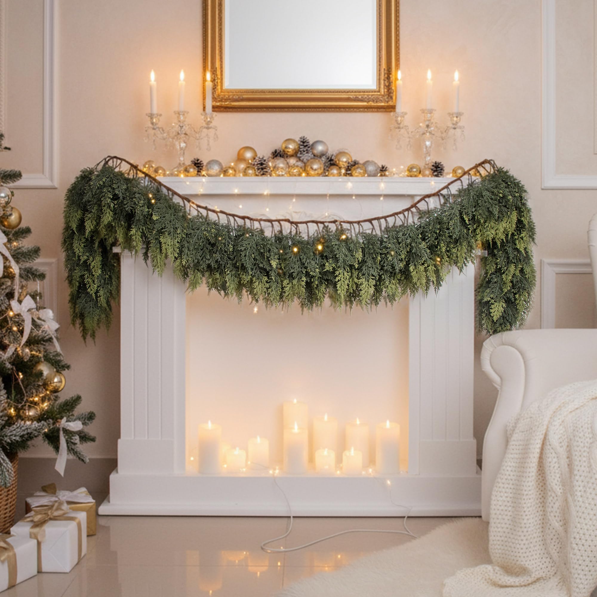 F.ZEGAO 6FT Christmas Cedar Garland Thick & Lush, Real Touch Faux Greenery Christmas Garland for Mantle, Fireplace, Porch, Outdoor & Indoor Holiday Decorations, Not Include Light String (1 Pcs)
