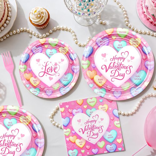 Avezano 96 pcs Valentines Plates and Napkins Disposable Happy Valentine's Day Paper Plates Conversation Hearts Tableware Serve 24, Pink