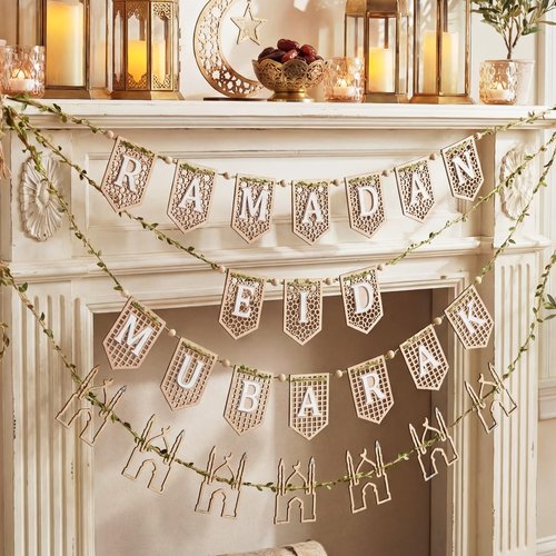 Marsui 4 Pcs Ramadan Eid Mubarak Wood Bead Garland Eid Mubarak Ramadan Hanging Banner Garland Farmhouse Wooden Rustic Neutral Hanging Decor for Party Fireplace Home Wall Sign Decoration