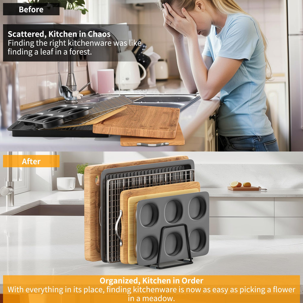 LAEMYFYRE Cutting Board Organizer Kitchen Organizer Rack for Cutting Board, Bakeware, and Cookie Sheet, 5-Slot Heavy-Duty Steel Cookware Holder,Rust-Resistant with Anti-Slip Feet (1, Small)