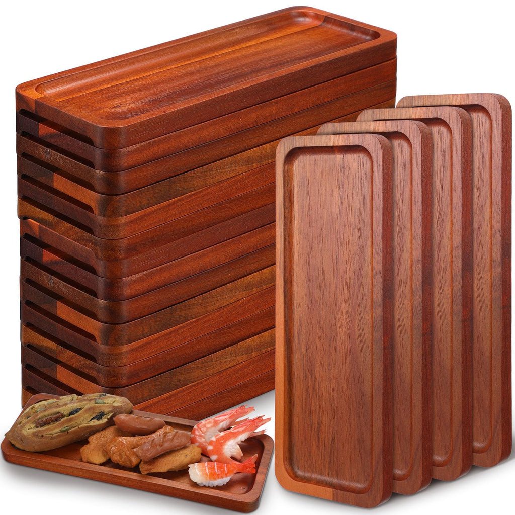 Skylety 15 Pack Solid Wood Serving Tray Large Acacia Party Server Platter Rectangular Charcuterie Board with Grooved Handle for Home Kitchen Cheese Appetizer Farmhouse Table Supplies (10.8 x 4 Inch)