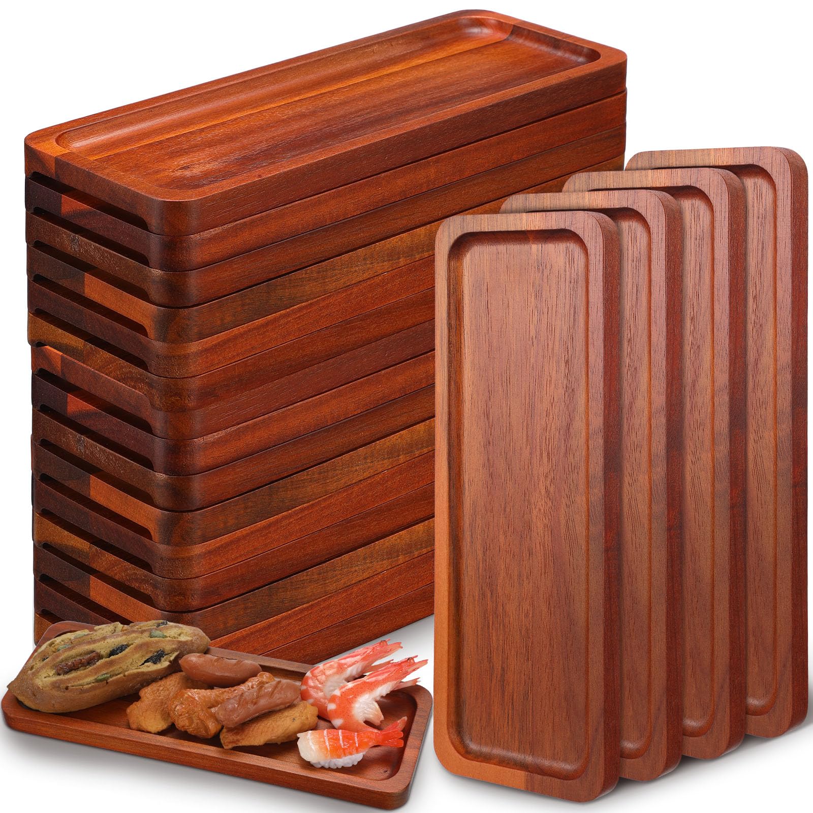 Skylety 15 Pack Solid Wood Serving Tray Large Acacia Party Server Platter Rectangular Charcuterie Board with Grooved Handle for Home Kitchen Cheese Appetizer Farmhouse Table Supplies (10.8 x 4 Inch)