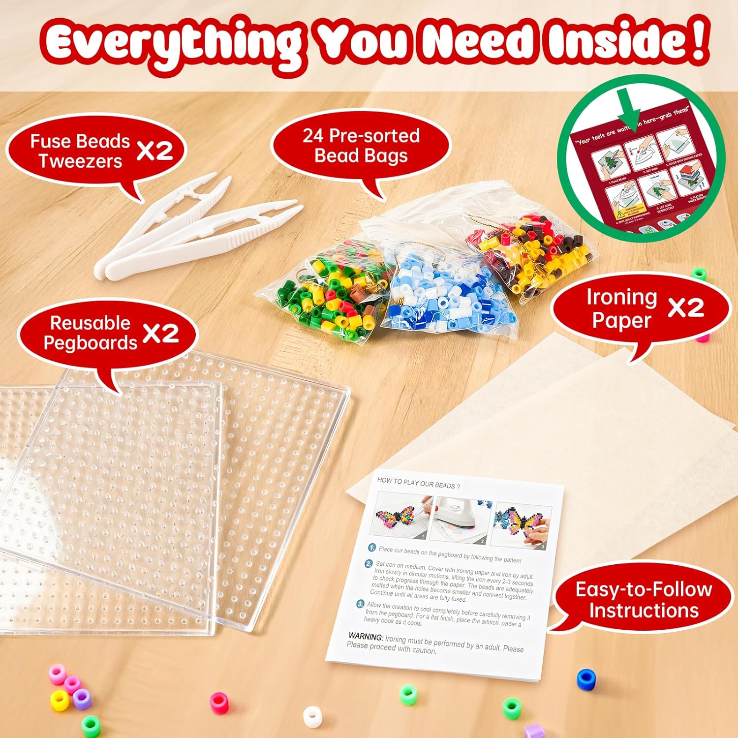 Rocollos Fuse Beads Pegboards Kit - 24 Advent Calendar Designs with Ironing Paper for Kids & Family Crafts