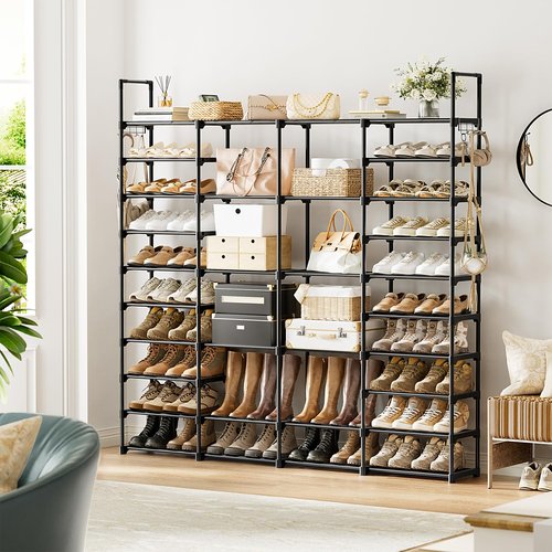 WOWLIVE 4 Row 10 Tiers Extra Large Shoe Rack Big Tall Metal Shoe Shelf, Heavy Duty Organizer for Closet Entryway, Boot Rack Storage Stackable Stand for Garage Black