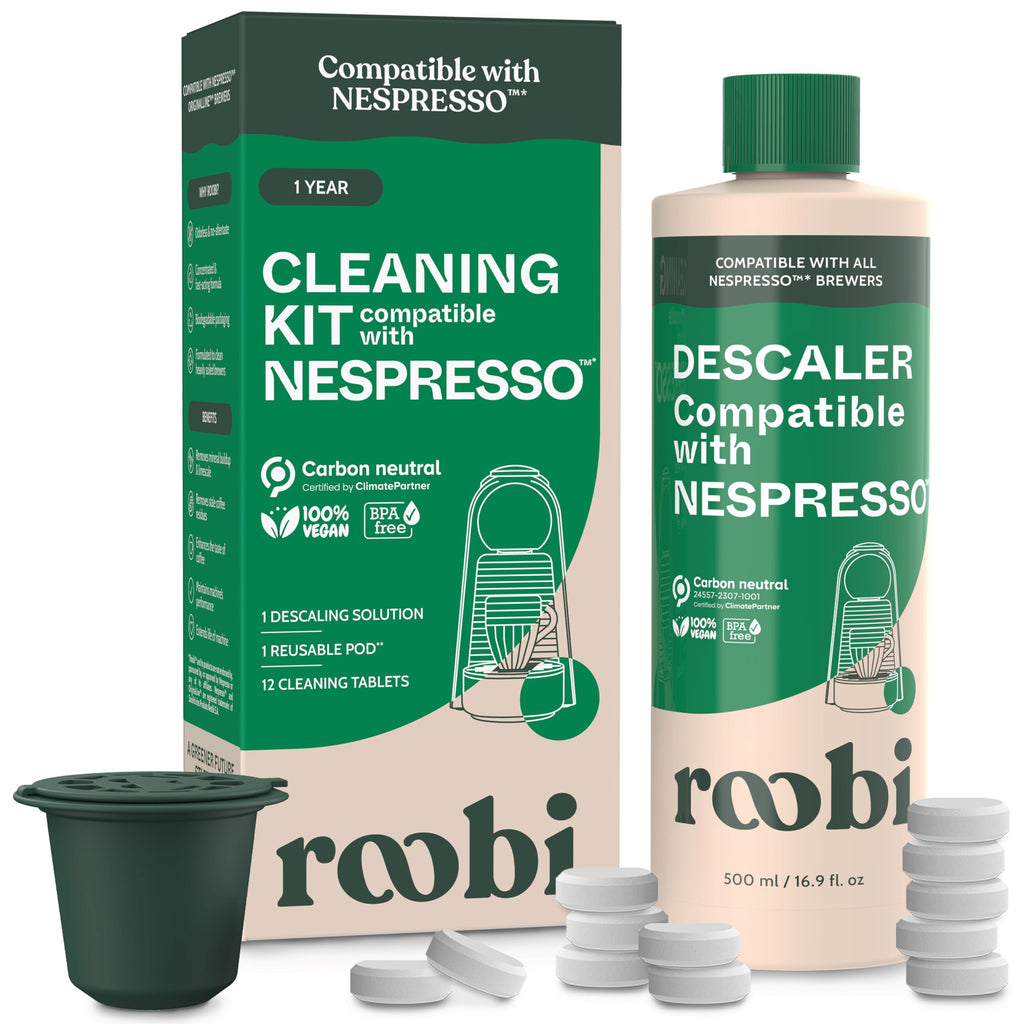 Roobi Descaling and Cleaning Kit Compatible with Nespresso Originaline. Includes 1 Bottle of Descaling Solution, 12 Cleaning Tablets and 1 Reusable Pod. Carbon Neutral. 1 Year Supply.