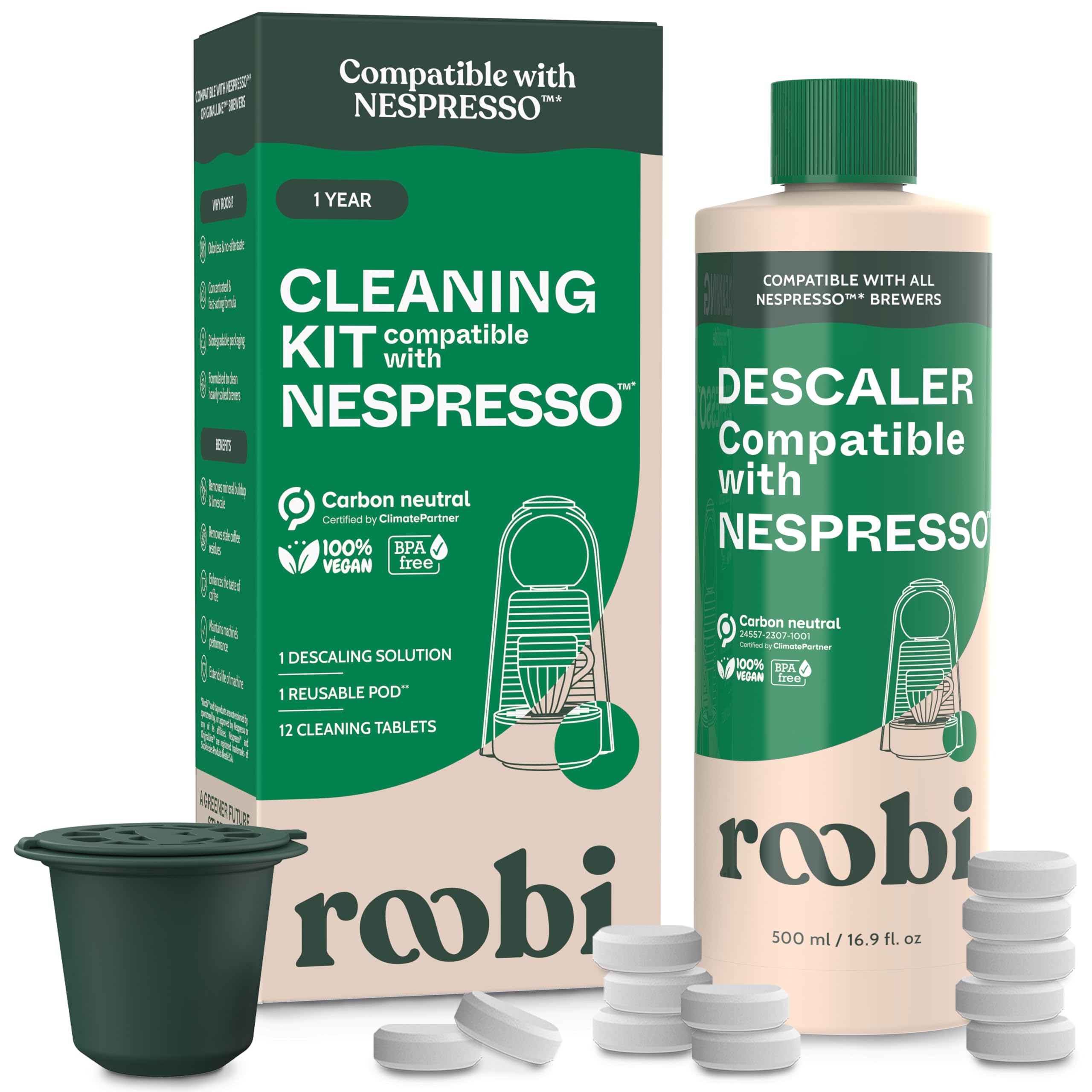 Roobi Descaling and Cleaning Kit Compatible with Nespresso Originaline. Includes 1 Bottle of Descaling Solution, 12 Cleaning Tablets and 1 Reusable Pod. Carbon Neutral. 1 Year Supply.