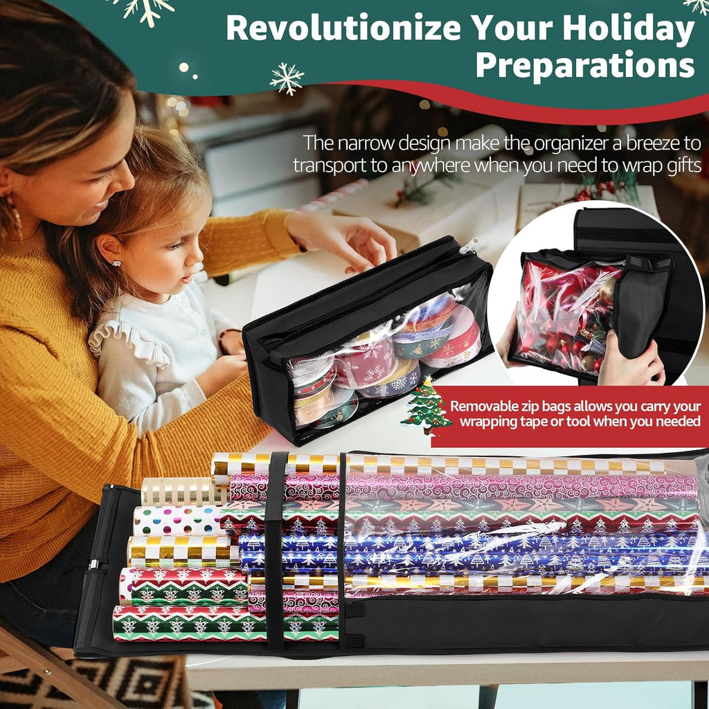 Woodoulogy Wrapping Paper Organizer - Double-Sided Gift Wrap Roll Holder | 63"x13" Over Door Storage, Black