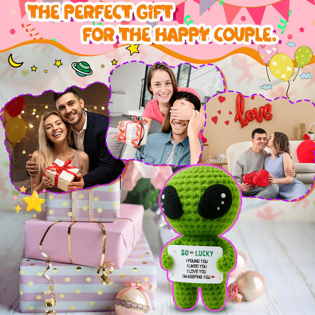 MAMAGIFTREE I Love You Wedding Anniversary Present for Him Boyfriend Husband Fiance Wife Her with Small Card, Valentines Day Gifts Women Men - Romantic Theme Crochet Alien Decor