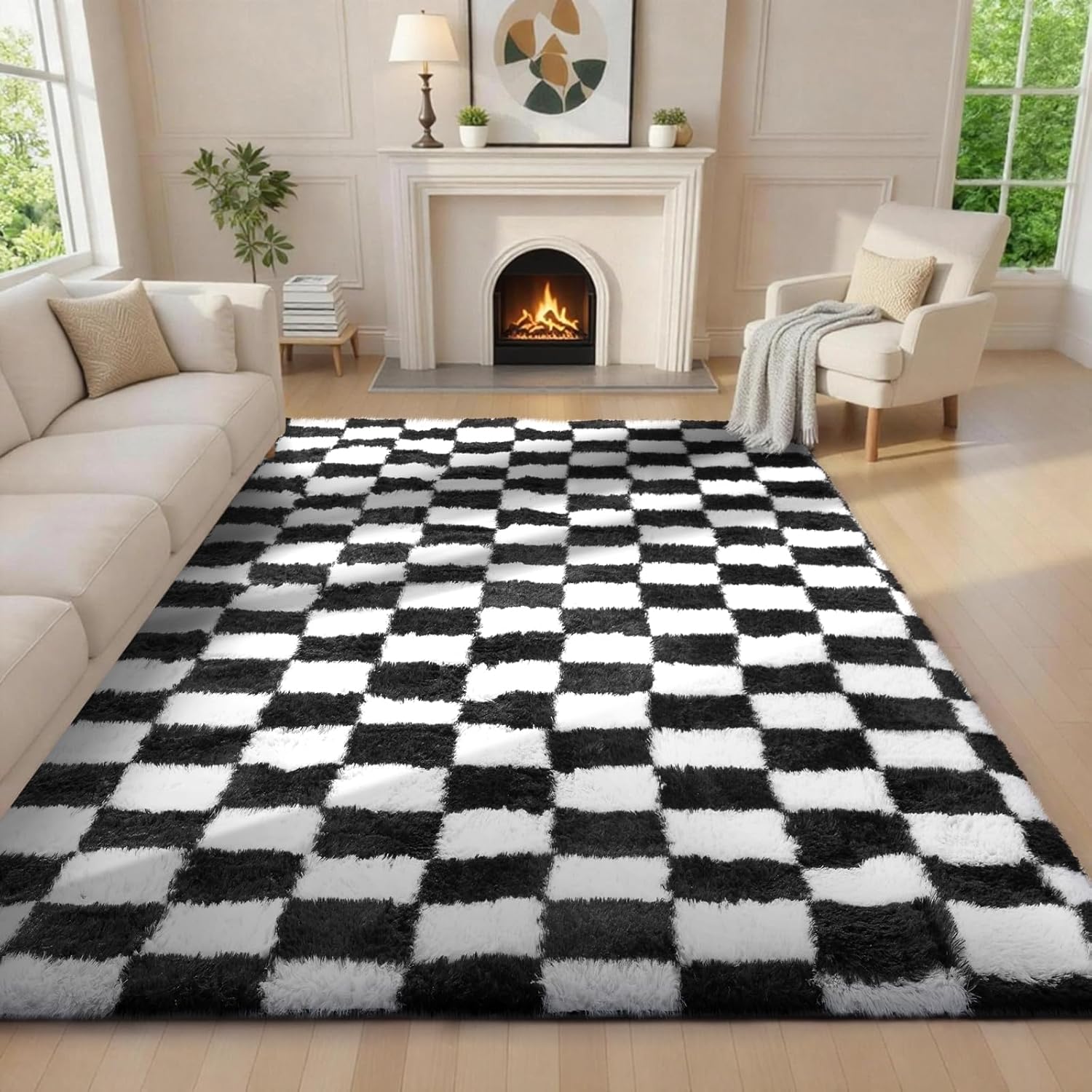 Ophanie Checkered Black & White Area Rug - Soft Fluffy Shaggy Carpet for Living Room & Bedroom | 6x9 ft