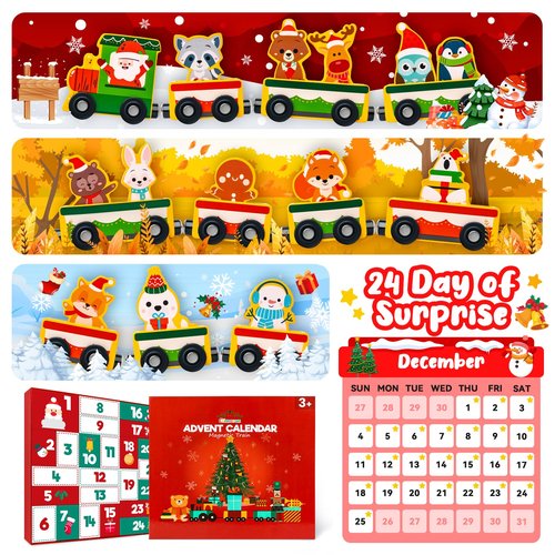 2025 Christmas Advent Calendar Gifts for Kids, Commodum Magnetic Wooden Animals Train Set, 24 Days Advent Calendar Countdown Gifts for Toddlers Boys Girls, Montessori Toys Xmas Surprise Holiday Gifts