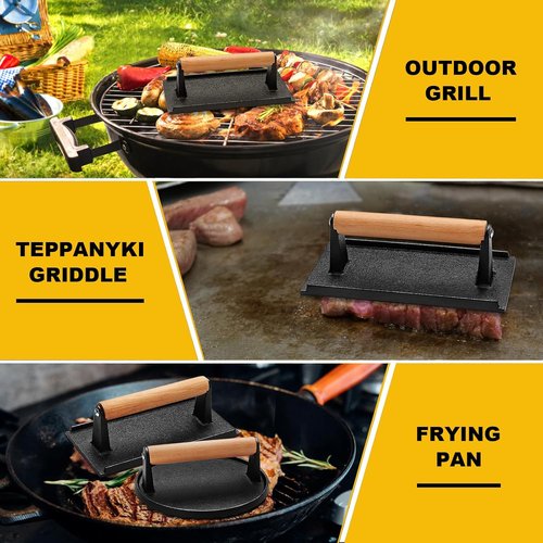 AIVIKI Burger Press - Heavy Duty Cast Iron Smash Burger Press | Round 6.9In & Rectangular 8.2x4.2In