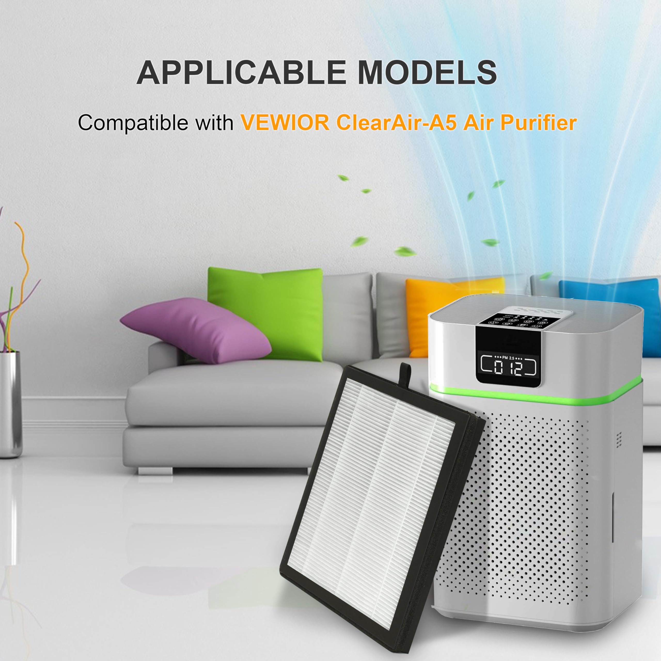Lhari 2 Packs ClearAir-A5 Replacement Filter, compatible with VEWIOR ClearAir-A5 Air Purifier, 3-in-1 H13 True HEPA Air Cleaner Filter