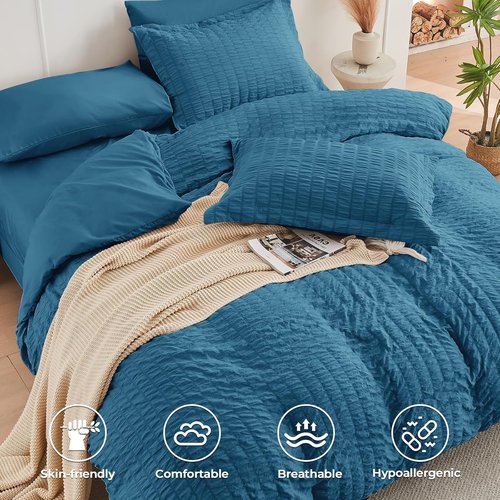 HYMOKEGE King Size Comforter Set - Teal Seersucker 7-Piece Luxury Bedding Set for All Seasons
