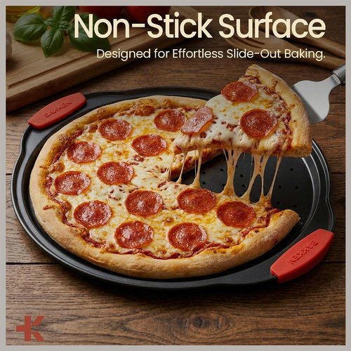 Bakken Pizza Baking Pan - Round Non-Stick Carbon Steel with Oversized Silicone Handle | 2 Pack
