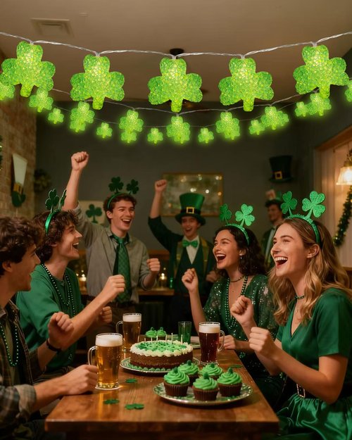 Kaszmwin St. Patrick's Day Lights 6.9FT 10 LED Shamrock String Lights with Timer Lucky Clover String Light for St. Patrick's Day Indoor Outdoor Party Irish Holiday Garden Decoration