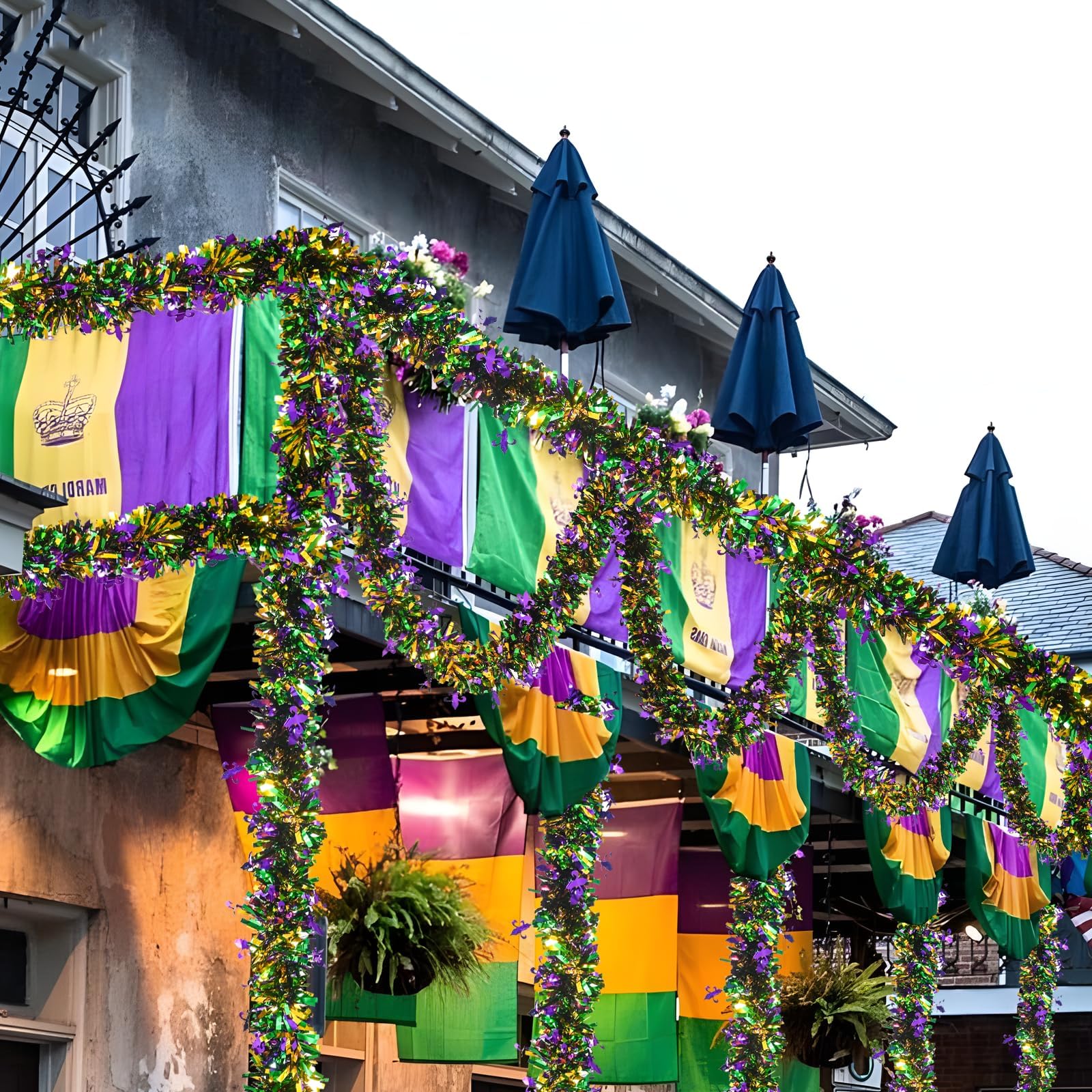 Mega-L Mardi Gras Tinsel Garland Decorations, 2 Pack 26.25Ft Green Gold Purple with Fleur-De-Lis Chunky Glittery Holiday Hanging Tinsel Decorations for Carnival Parade Car Party Supplies Home Decor