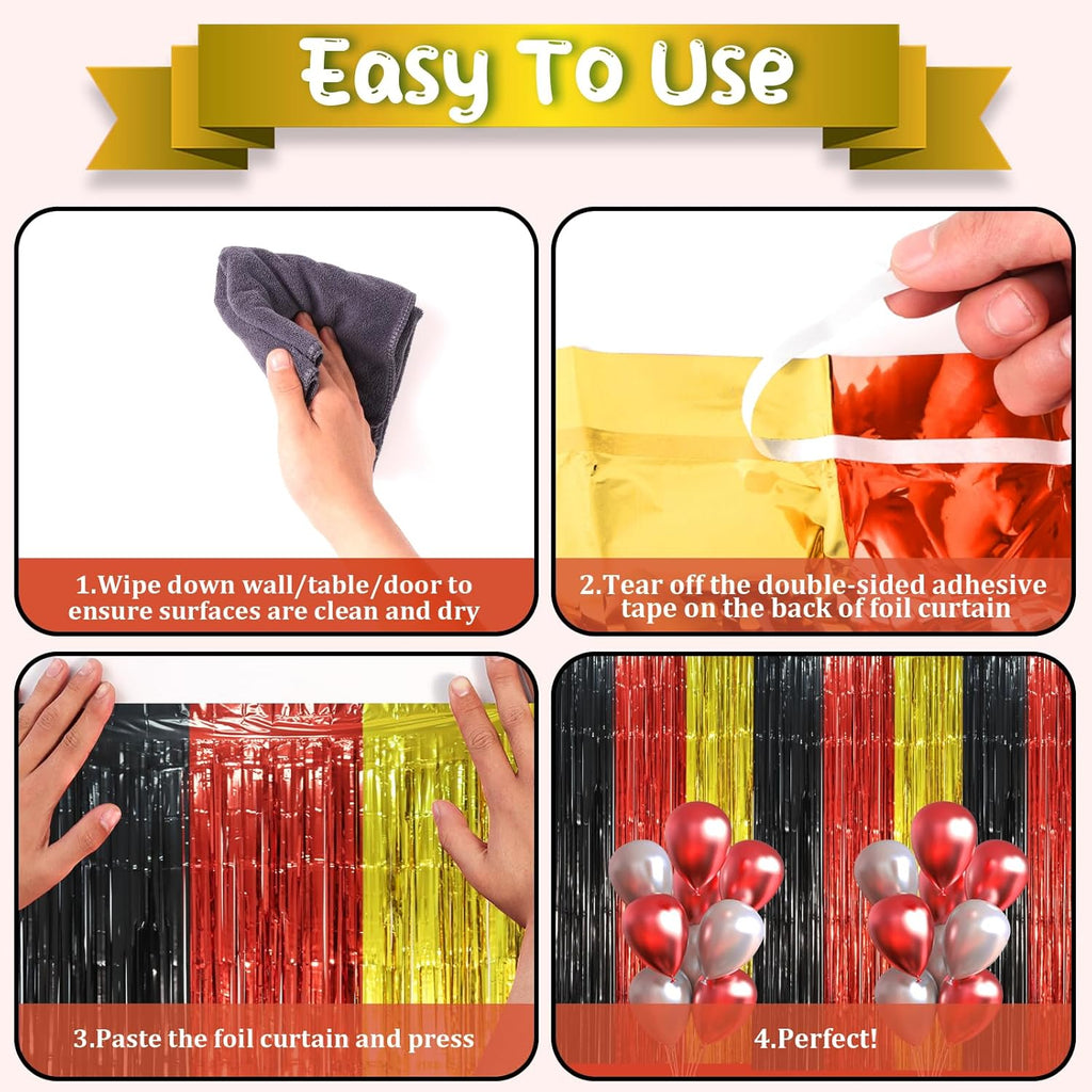 Voircoloria Red Black Gold Foil Fringe Backdrop Curtains - 3 Pack Tinsel Streamers for Parties | 3.3 x 8.2 ft