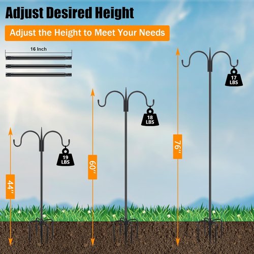 Feed Garden Adjustable Double Shepherds Hook - 76 Inch Heavy Duty Bird Feeder Pole | 5 Prong Base for Hanging Plants & Lanterns (2 Pack)