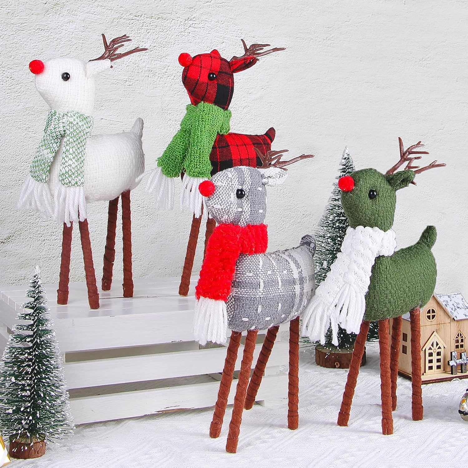 Skiennix Reindeer Christmas Decoration - Handmade Plush Elk Figurines | 4-Piece Indoor Set