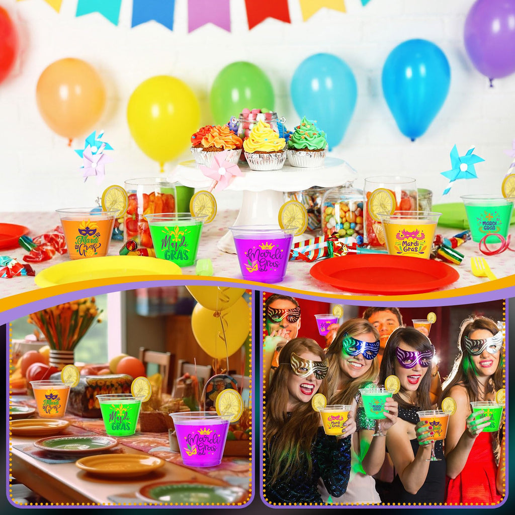 Uiifan 100 Pcs Mardi Gras Cups Bulk 9oz Disposable Plastic Mardi Gras Drinking Cups Carnival Clear Cups Mardi Gras Carnival Party Supplies Suitable for Wine Coffee Tea Juice Soda Beer Beverages