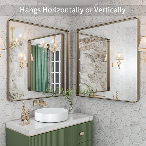 LOAAO Bronze Bathroom Mirror - 36”x36” Rounded Rectangle with Anti-Rust Metal Frame | Hangs Horizontally or Vertically