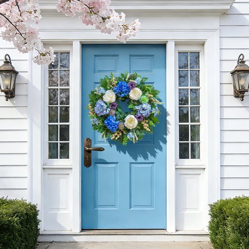 Pinkpuii 26 Inch Spring Wreaths for Front Door Outside– Large Artificial Summer Wreath with Blue Hydrangea, White Peony Flowers and Eucalyptus Leaves– Indoor Outdoor Porch Farmhouse Home Wall Décor