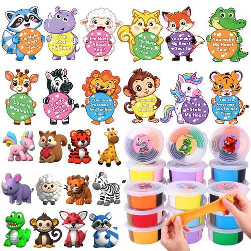 Celltestria Valentines Day Gifts Toys for Kids 12pcs Animal Air Dry Clay DIY Kit with Cards for Boys Girls Easter Party Favors Classroom School Prize Rewards Birstday Gifts Exchange