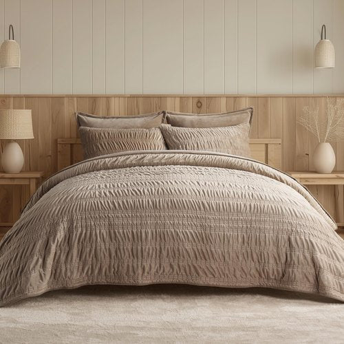 Evergrace King Size Quilt Set - Luxury Ultra Soft Ruched Bedding with 2 Shams | Lightweight Vintage Textured Coverlet in Khaki Tan