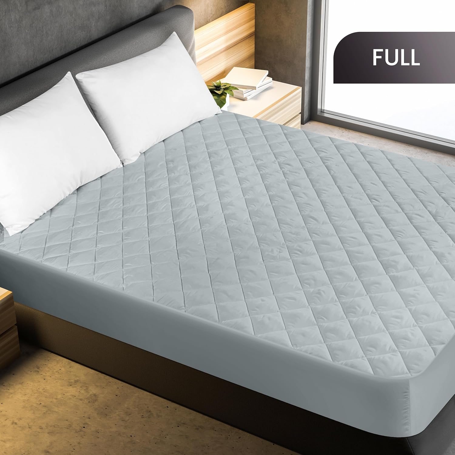 Utopia Bedding Quilted Fitted Mattress Pad - Full Size Deep Pocket Protector | Machine Washable Light Grey