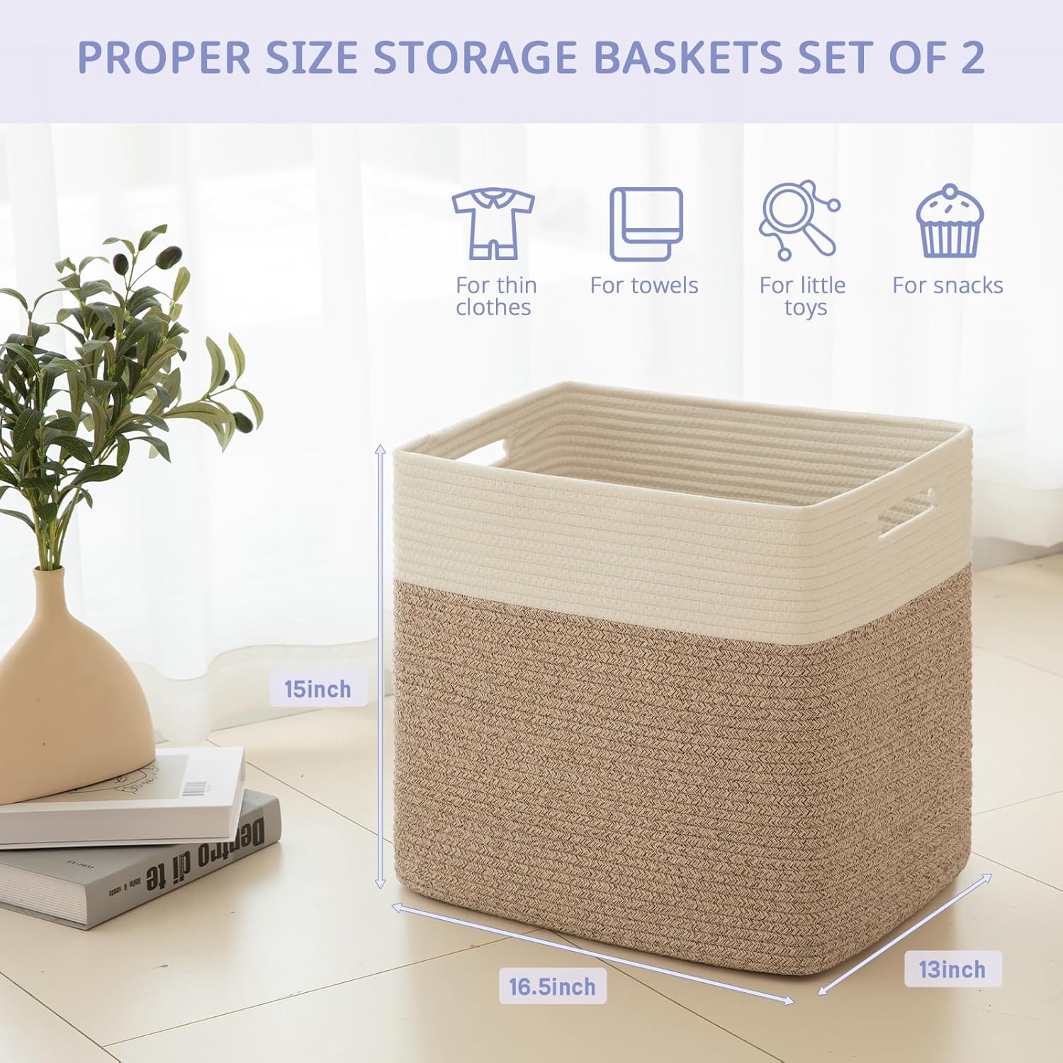 OIAHOMY Storage Baskets - Large Collapsible Storage Bins for Living Room | 16.5 x 13 x 15 Inches - Pack of 2 - Brown