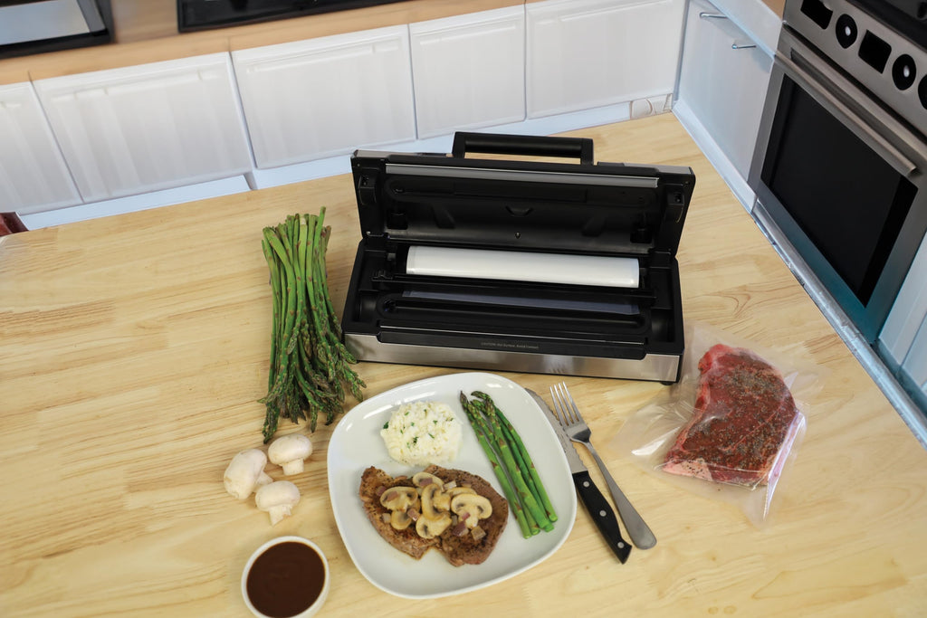 Nesco FreshLock Pro VS-15 Stainless Steel Vacuum Sealer, moist and dry seal, roll storage, 120 watts, with bags and rolls, simple and easy to use