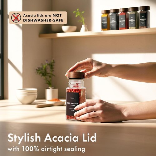 EDELHAUS® Square Spice Jars - Acacia Wooden Lids, Shaker Inserts & 240 Labels | 24-Pack Glass Containers (4.3 in × 1.8 in)