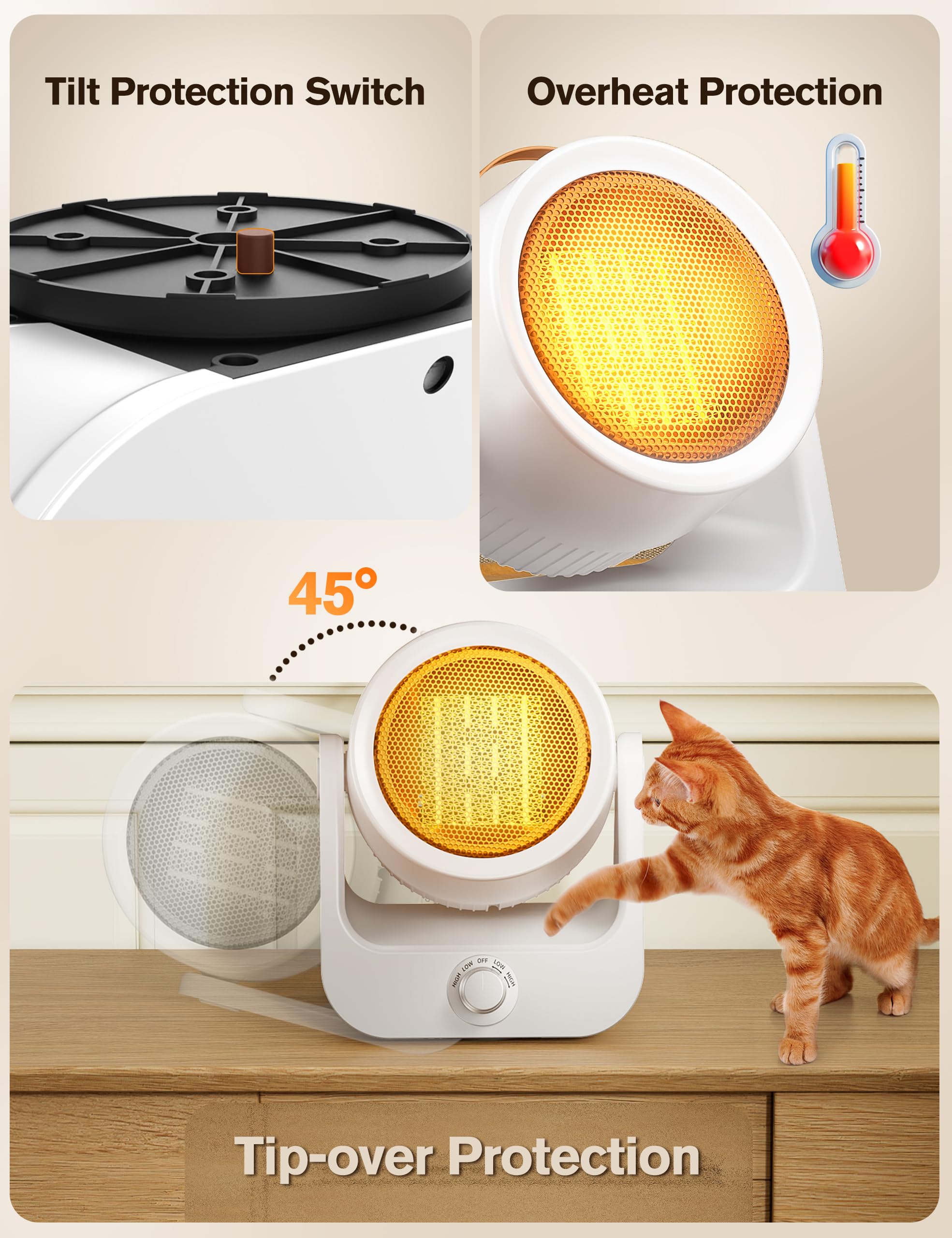 Electric Space Heaters For Indoor Use, 100°unlimited Oscillating, 2S Instant Heating, 1500WPTC Ceramic Electric Patio Heaters For HomeOffice, Tip-Over & Overheat Protection, 2 Heating Modes, SnowWhite