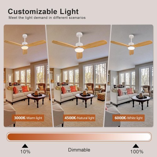 KBZZ 52 Inch Ceiling Fans with Lights and Remote, Solid Wood Blades, Dimmable, Reversible DC Motor, Memory Function, Modern Indoor Outdoor Ceiling Fan with Light for Patio Bedroom
